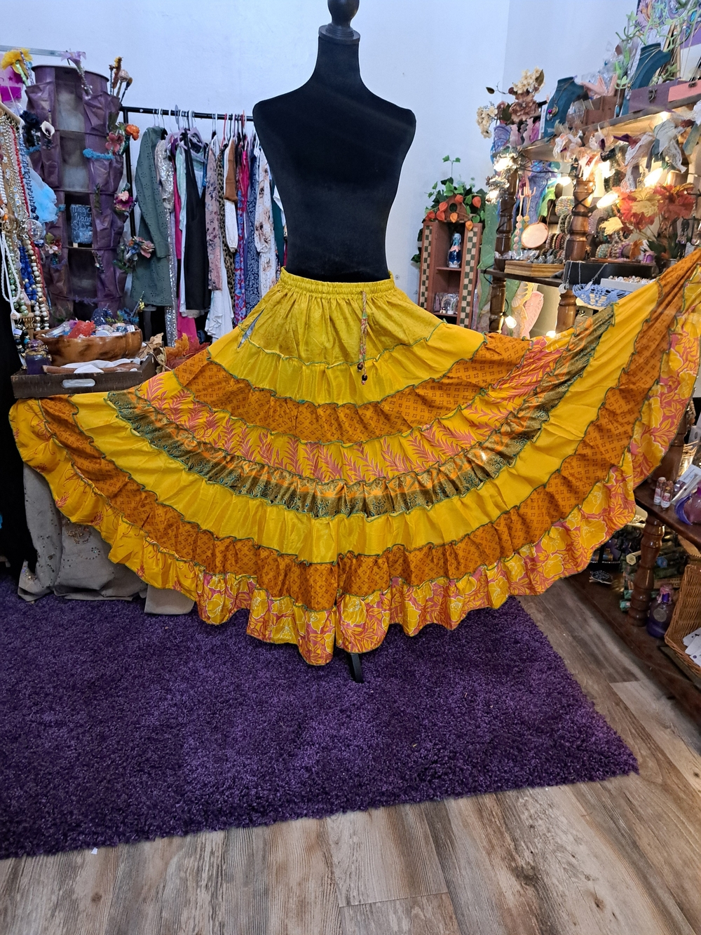 🌻 Sunflower Spell • One-of-a-Kind Vintage Sari Silk Tiered Maxi Skirt • Pockets